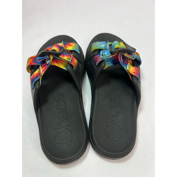 Chaco Kids Tie-Dye Slide Sandals, Black Sole, Adjustable Outdoor Summer Slip-Ons - Picture 6 of 10
